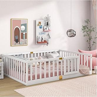 Tatub Full Floor Bed with Safety Guardrails and Door, Montessori Floor Bed for Kids, Wood Kids Floor Beds Frame, Door Can Install Left and Right, Full-White
