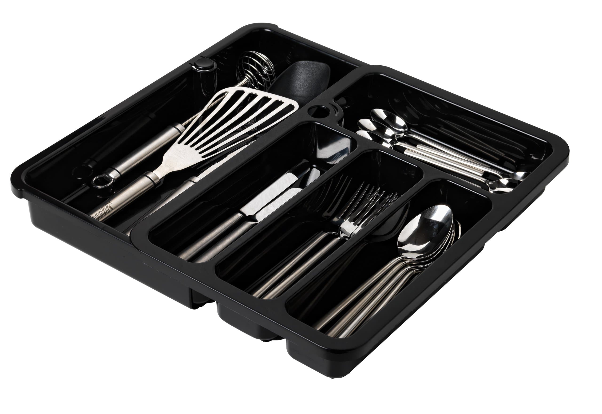Adjustable Cutlery Tray Extendable Kitchen Drawer. Approx. 24.5 on 39 cm Adjustable from 4 to 5 Compartments in Black