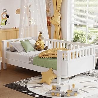 Twin Size Kids Bed Frame, Low Profile Montessori Twin Bed with Rails, Wood Daybed for Girls & Boys, No Spring Box Required, No Squeaks, White