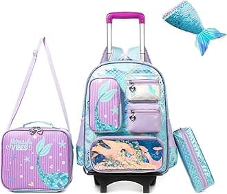 Oruiji Rolling Backpack for Girls with Wheels Kids Rolling Backpack with Lunch Bag Cute Lightweight Mermaid Backpack