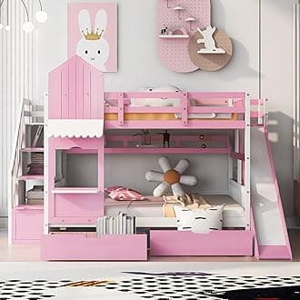MERITLINE Full Over Full Bunk Bed for Kids, Castle Bunk Beds with 2 Drawers 3 Shelves and Slide, Solid Wood Full Bunk Bed for Kids Girls Boys Teens (Pink)
