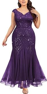 Women's Plus Size Sleeveless Sequins Lace V-Neck Tulle Mermaid Hem Formal Gown Dress