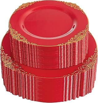 102PCS Red and Gold Plastic Plates - Red Plates Disposable - Vintage Plastic Plate with Gold Rim Include 51PCS Dessert & 51PCS Dinner Plate Perfect for & Weddings & Christmas Parties