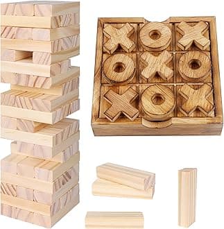 Tic Tac Toe & Tumble Tower Blocks Tables Game Set, Classic Wood Stacking Game & XOXO Board Games for Kids Family, Living Room Rustic Coffee Table Decor, Travel Strategy Board Games