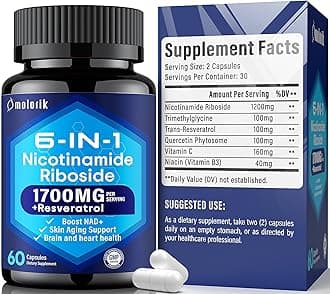 NAD+ Supplement, Nicotinamide Riboside 1700mg, with Trimethylglycine, Trans-Resveratrol, Vitamin C, Niacinm(B3), Supports Anti-Aging, Cell Repair, Healthy Skin, Vitality - 60 Capsules
