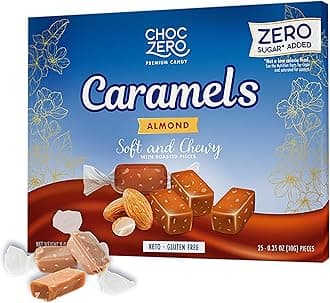 ChocZero Sugar Free Almond Caramels, Soft and Chewy with Roasted Almonds, Keto Candy, All Natural, Low Carb Snack (9oz Box)