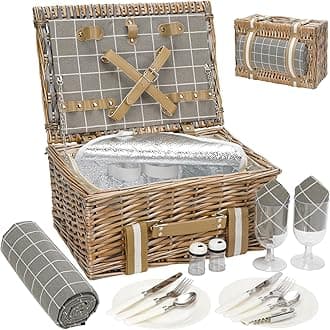 Wicker Picnic Basket for 2 - Willow Basket with Waterproof Picnic Blanket | Willow Picnic Set with Insulated Cooler | Wicker Hamper with Cutlery Kit | Gift Basket for Christmas, Thanks Giving, Grey