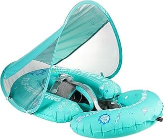 Mambobaby Float Baby Pool Float with Canopy & Tail Portable Baby Float Self-Inflating Compressible Folding Swimming Floating Bed Water Swim Float for Infant Toddler 3-24 Momths, Green