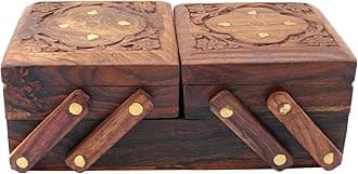 ITOS365 Wooden Jewellery Box for Women - Wood Brown Finish | Handmade Jewellery Storage Ogranizer With Flip Flap Closure & Flower Carved Design | Birthday & Valentine Gifts For Women - 8 Inches