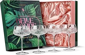 Vintage Flamingo Belle Coupe Glasses for Cocktails and Champagne | Set of 4 | 340 ml Crystal Retro Style Stemmed Saucers for Elegant Bar Drinks | Tropical Glassware Collection