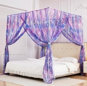 Mengersi Tie Dye Canopy Bed Curtains With Lights - Gradient Ombre for Girls, Princess Drapes for Room Decor (Twin, Purple)