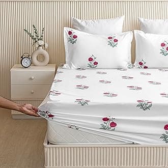 HOMEMONDE 100% Cotton Fitted Bed Sheet for King Size Bed, Floral Printed All Around Elastic Bedsheet (78 x 78 Inches) with 2 Pillow Cover | 210 TC Soft, Breathable, Luxury Bedsheet (Red Rose)