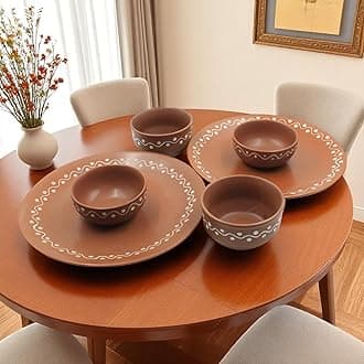 Ceramic Dining Plate Set of 2 with 2 Bowls - Brown, 7 inches | Durable, Perfect for Serving, Appetizers, and Desserts - Dinnerware for Home, Outdoor and Gifting