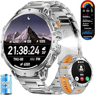 LIGE Smart Watch with 1.85" HD Large Screen, Android iPhone Smart Watches for Men with 1000mAh Battery/LED Flashlight/50M Waterproof/,120+ Sports Fitness Tracker Watch, Silver (Double Straps)