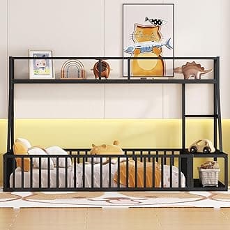 Twin Toddler Floor Bed, Metal Montessori Floor Bed with Fence Kids Bedframe with Desk and Storage for Kids Boys Girls, No Box Spring Needed, Easy Assemble (Black, Twin)