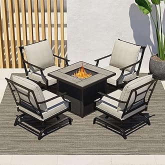 Grand patio 5-Piece Outdoor Furniture Conversation Sets with 32-Inch 40000 BTU Heat Propane Gas Fire Pit Table CSA Approved Ceramic Tile & Grey Olefin Cushion Rocking Chairs