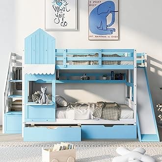 MERITLINE Full Over Full Bunk Bed for Kids, Castle Bunk Beds with 2 Drawers 3 Shelves and Slide, Solid Wood Full Bunk Bed for Kids Girls Boys Teens (Blue)