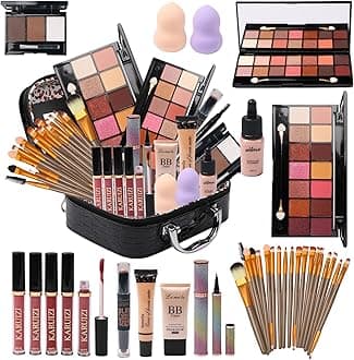 MTDXILTAI All in One Makeup Kit for Makeup storage bag 2X14 Colors Eyeshadow Palette Liquid Foundation Eyeliner Pencils Contouring Stick Lip Gloss 20Pcs Make up Brushes For Women Girls Teens (Black)
