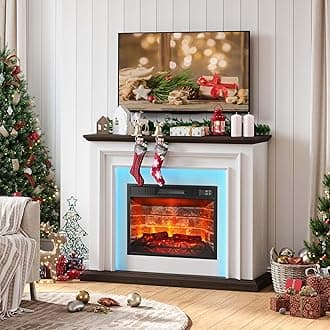 44 Inches LED Lights Electric Fireplace with Mantel, Tall Fireplace Heater Freestanding, Delicate Three-Dimensional molding with Remote Control Timer LED Flame for Living Room, Bedroom, White&Brown