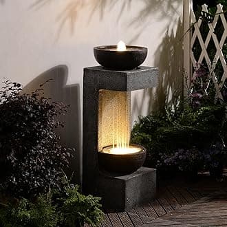 SERBILHOME 33.9" Tall Outdoor Fountains and Waterfalls Modern Water Feature with Light Resin Waterfall Fountain Outdoor, Rain Curtain & Bowl Design Garden Fountain for Patio, Yard, Porch Home Outside