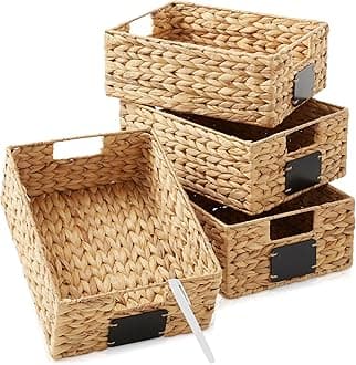 Set of 4 Water Hyacinth Pantry Baskets, 10" x 13" x 5", with Chalkboard Labels and Chalk Marker - Natural, Woven Storage Bin Organizers for Kitchen Shelves