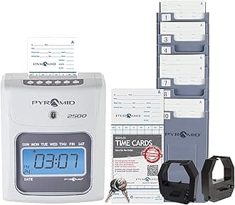 Pyramid Time Systems - 2500 Auto-Aligning Employee Time Clock Timekeeping Bundle [2500K1] for Small Business, Punch Clock System with 100 Time Cards, 2 Ribbon Cartridges, 10-Slot Rack & Security Keys