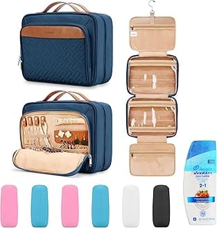 COOSKYTravel Hanging Toiletry Bag for Women, Large Makeup Bag 8 Leak Proofing Silicone Bottle Covers, Waterproof Cosmetic Bag with Jewelry Organizer Compartment, Toiletries Kit Set, Navy Blue