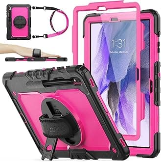 SEYMAC stock Case for Samsung Galaxy Tab S8 Plus/S7 FE/S7 Plus 12.4 inch Tablet Case with Screen Protector, Pencil Holder, 360 Rotating Hand Strap & Stand, Drop-Proof, Rose/Black