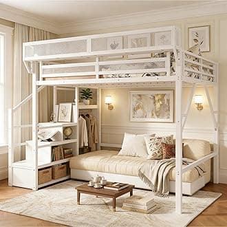 Full Size Loft Bed with Stairs and Storage, Metal Loft Bed Frame with Bedside Shelf and Large Under-Bed Space, Heavy-Duty Beds for Adults Teens and Kids, White