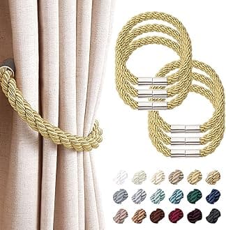 NICEEC 6 Pack Strong Magnetic Curtain Tiebacks Modern Simple Style Drape Tie Backs Convenient Decorative Weave Rope Curtain Holdbacks for Thin or Thick Home & Office Window Draperies (Gold)