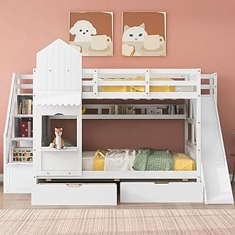 MERITLINE Full Over Full Bunk Bed for Kids, Castle Bunk Beds with 2 Drawers 3 Shelves and Slide, Solid Wood Full Bunk Bed for Kids Girls Boys Teens (White)