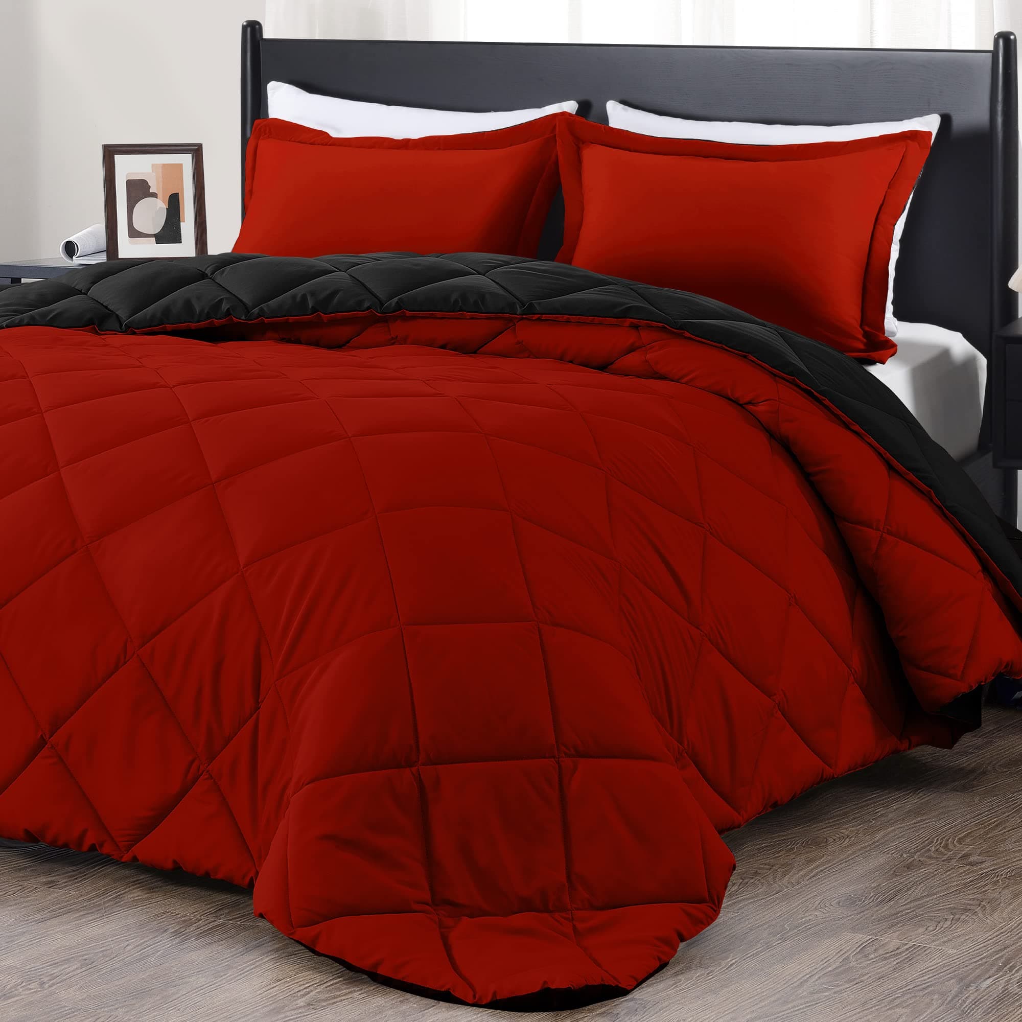 downluxe Full Size Comforter Set - Red and Black Full Comforter - Soft Bedding Sets for All Seasons -3 Pieces Comforter Set Full with 2 Reversible Pillow Shams