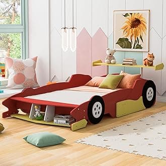 Full Size Race Car Bed for Kids,Wood Car-Shaped Platform Bed with Storage Shelves,Car Bed Full with Wheels for Boys,Girls,Red