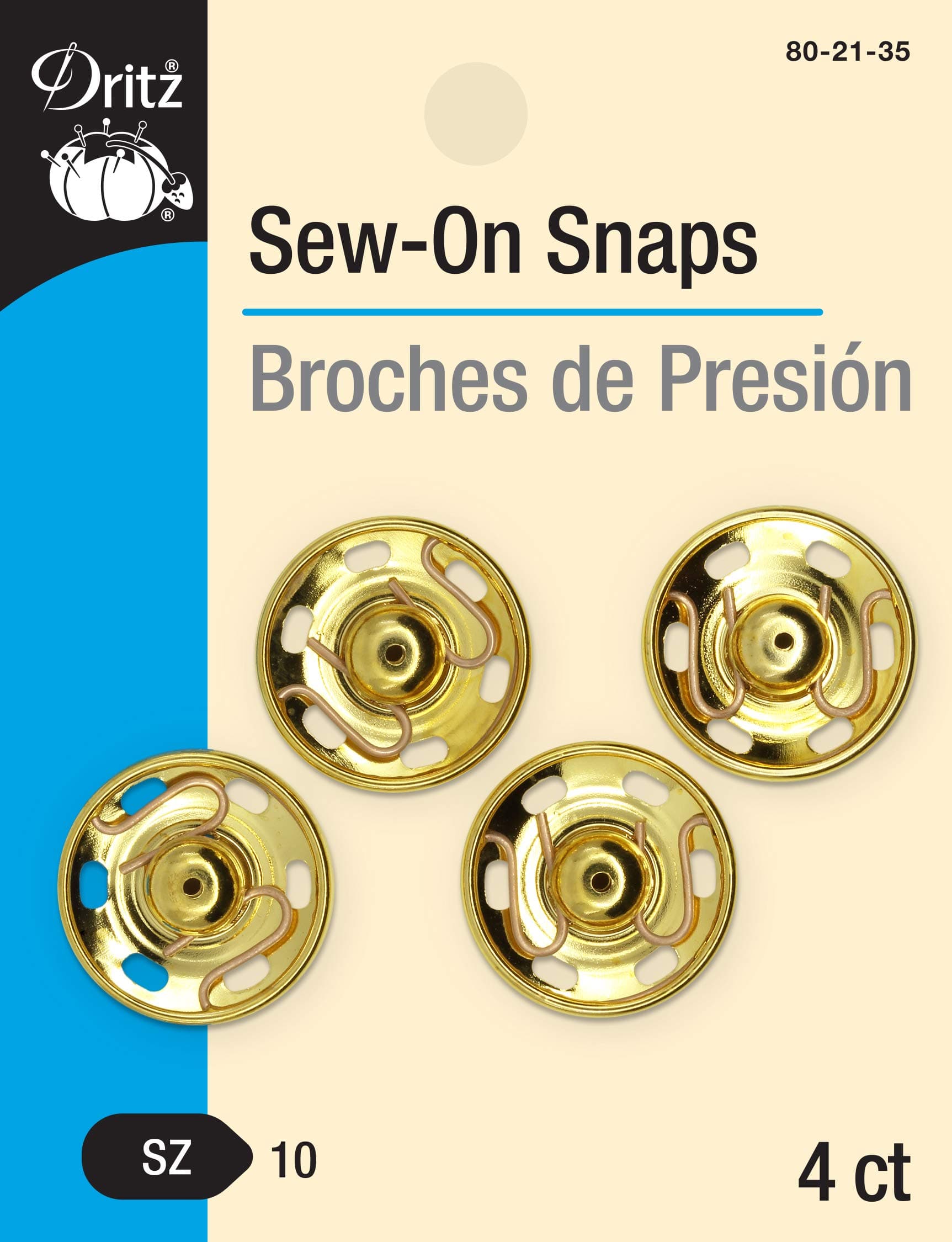 Dritz Gold Sew-On Snaps-Size 10 4/Pkg