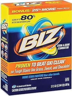 Biz Laundry Detergent Powder, Stain and Odor Eliminator for Tough Stains Like Grass Sweat and Chocolate, Powder Laundry Detergent with 4 Stain Fighters, Color Safe, HE Safe, Unscented, 37.5 Ounce