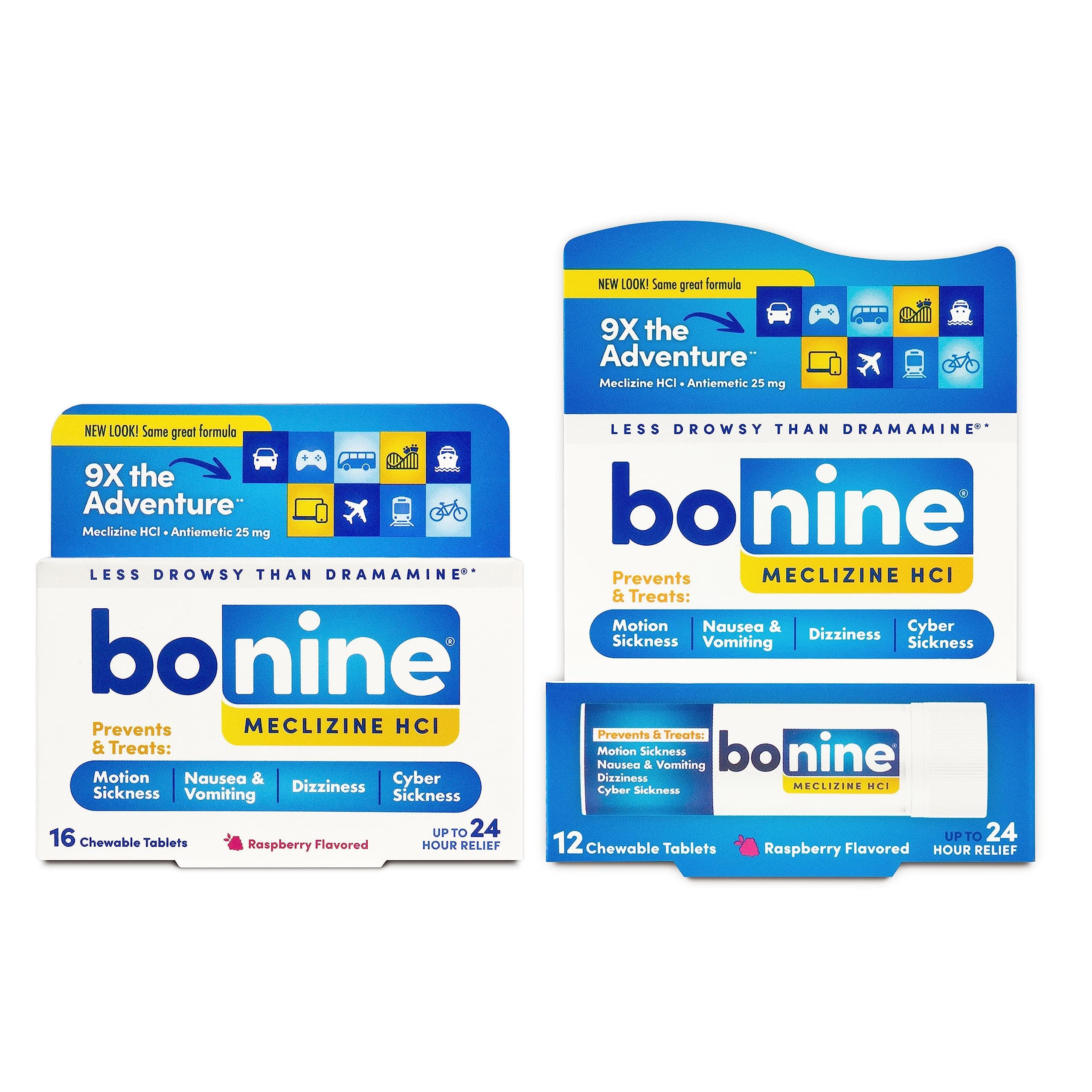 Bonine Motion Sickness Relief Chewable Tablets, Raspberry 16 + 12 ct, 2 Piece Assortment