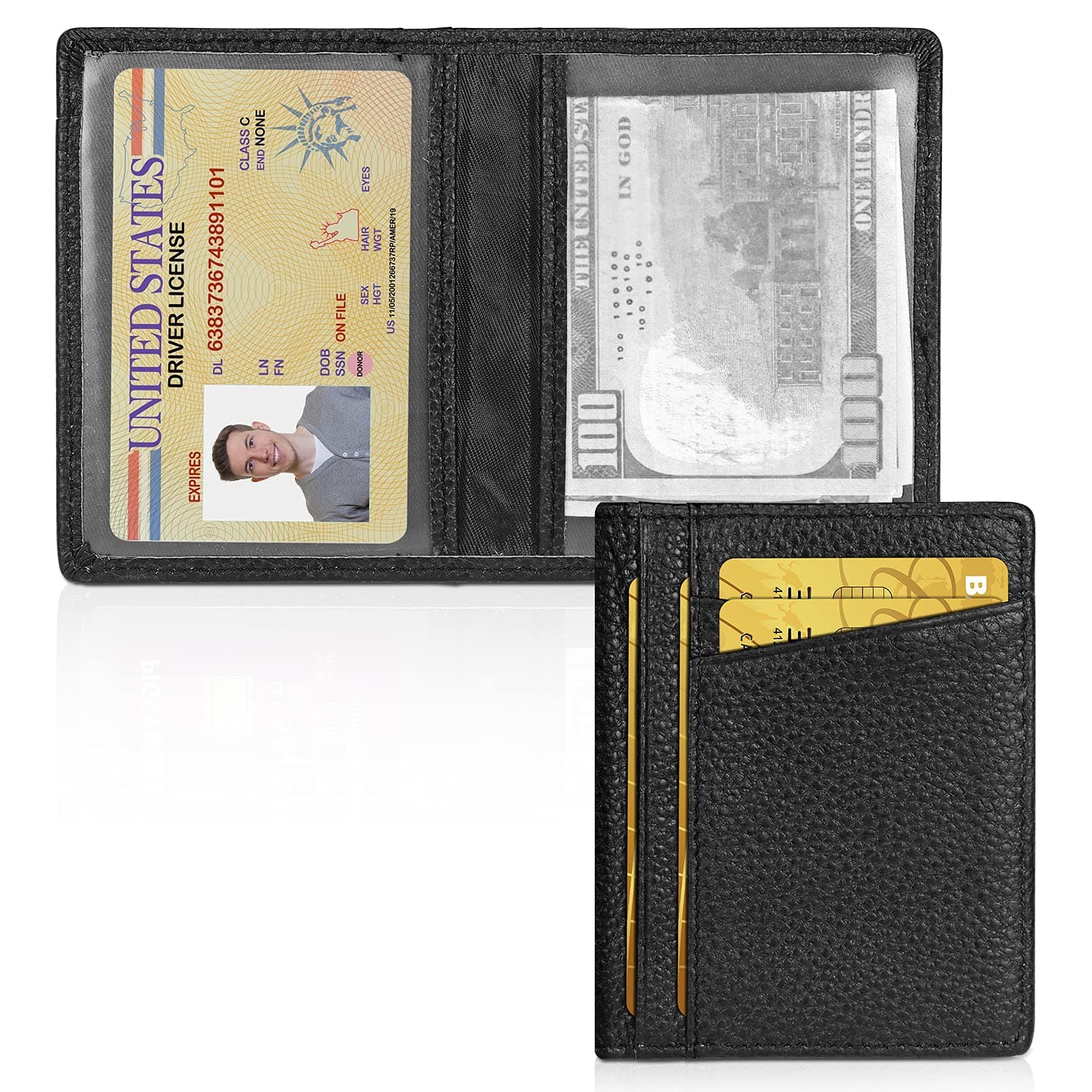 Slim Minimalist Wallet - Premium Leather RFID Blocking Front Pocket Wallets with 8 Card Slots and 2 ID Window, Black