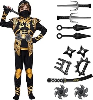 Golden Ninja Costume Set, Ninja Jumpsuit with Foam Accessories for Kids, Toddler Halloween Outfit for Ideas Cosplay Party (Large, 10-12 yrs)