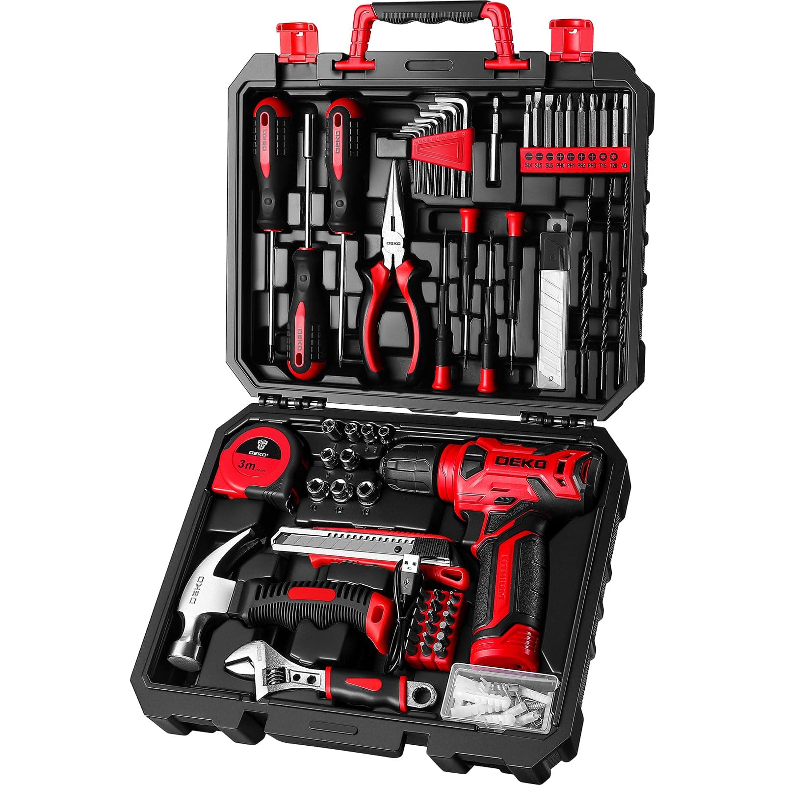 DEKOPRO Drill Set: Tool Set with 8V Red Cordless Drill, Home Tool Kit with Drill, Hand Tool Kits for Women 126 Piece