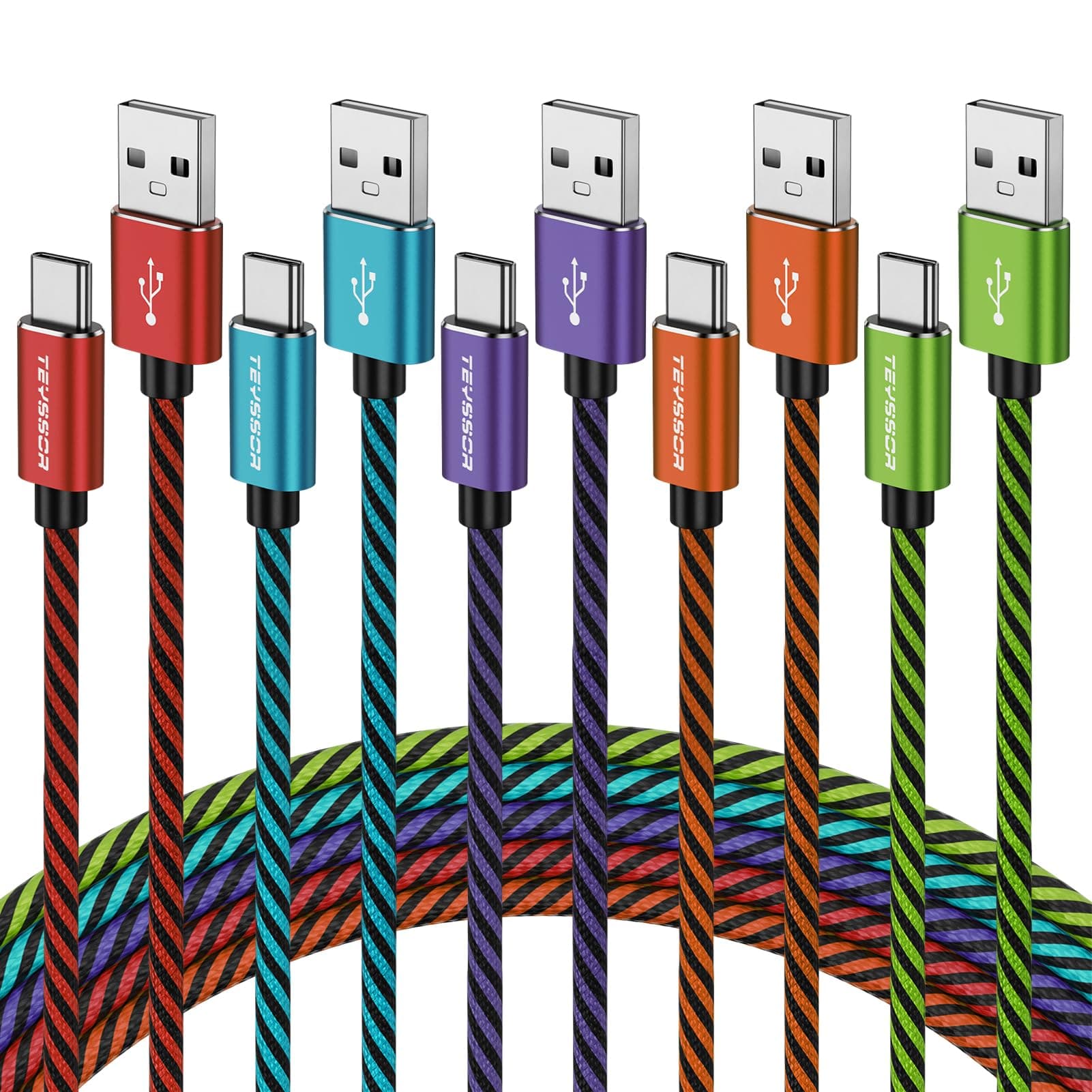 Teyssor USB C Cable 10FT 5-Pack Nylon Braided USB A to Type C Charger Cable Fast Charging Cord Compatible with Samsung Galaxy S24 S23 S22, Note 20 10 9 8, Moto G7 G8 Type C Cable