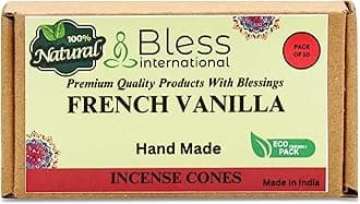 Bless International French-Vanilla 100%-Natural-Incense-Cones Handmade-Hand-Dipped Organic-Chemicals-Free for-Purification-Relaxation-Positivity-Yoga-Meditation The-Best-scents (10 Count)