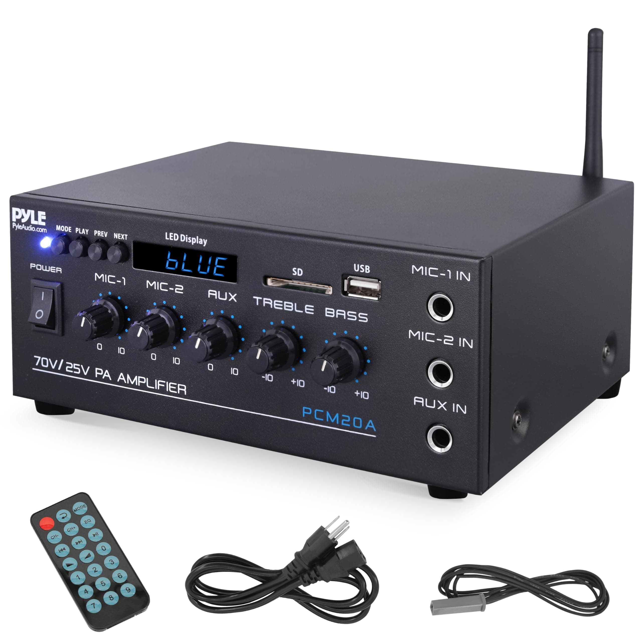 Pyle PCM20A - Compact Mini Home Power Amplifier - 40W Smart Small Audio Stereo Receiver w/AUX 2 Microphone IN COM/8-Ohm/25V/70V Speakers LED Input Selector For PA Amplified Speaker Sound System
