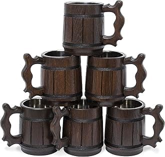 Set of 6 Beer Mug 20 OZ - Tankard Mug - Beer stein - Wooden beer mug - Stainless Steel Cup - Handmade Gifts for Men - Fathers Day, Christmas or Birthday Gift Idea - Retro Brown