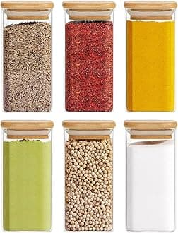 Square Glass Jar Wooden Lid Food Storage Containers Set,Airtight Food Jars With Bamboo Lids Glass Jar With Wooden Lid Kitchen Container Sugar Glass (320Ml Jar, 6 Pcs, Transparent)
