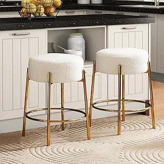 Modern Bar Stools Set of 2, 24" Counter Height Stools with Round Soft Padded Boucle Backless Seat and Golden Metal Base, Upholstered Barstools for Kitchen Island, Beige