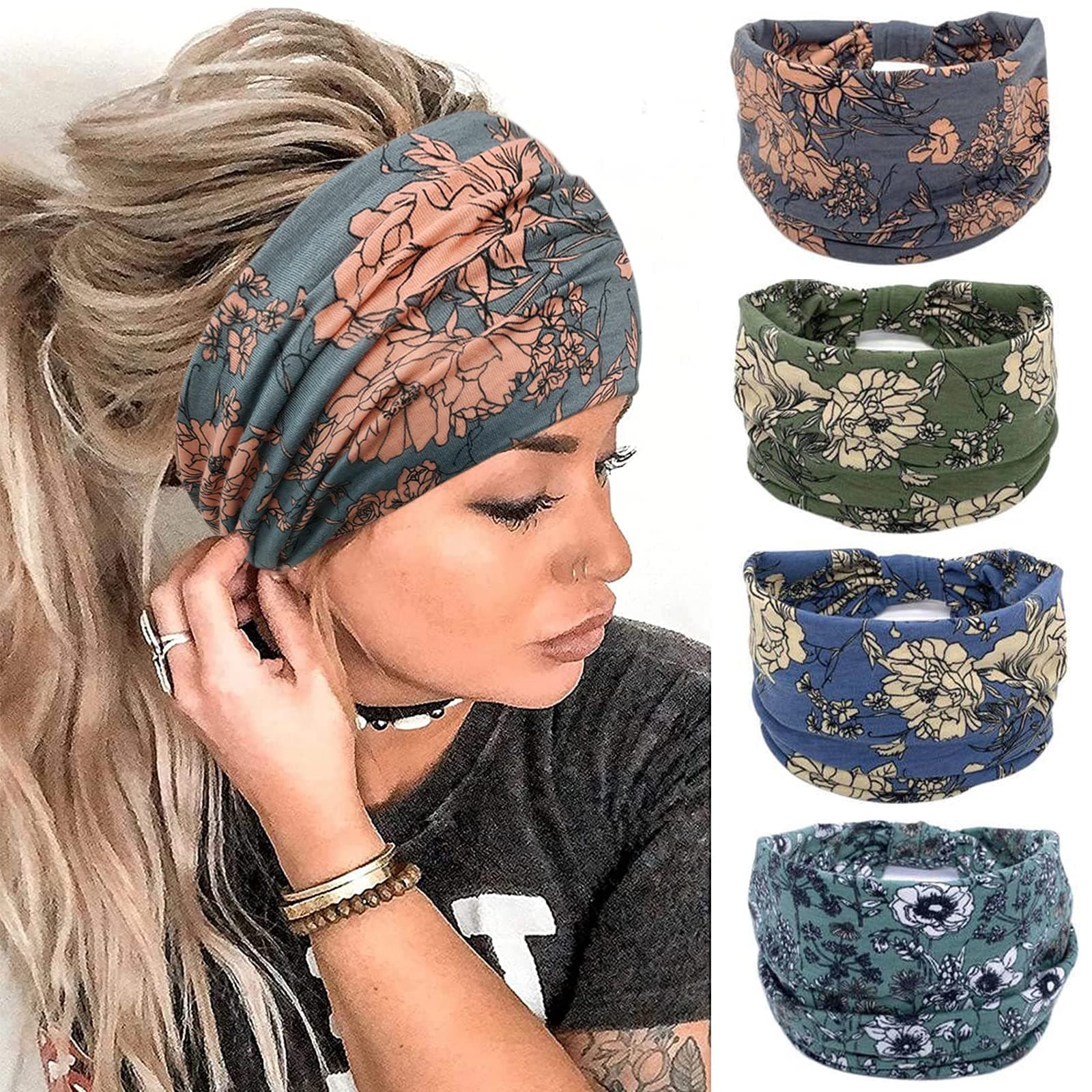 Wide Boho Headbands for Women Fashion Knotted Headband Yoga Workout Hair Accessories African Head Wrap 4 Pack