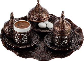 DEMMEX 2024 Turkish Greek Arabic Coffee Serving Set with Cups, Saucers, Cup Holders, Lids, Sugar Bowl & Lid and Tray, 11 Pcs (Antique)