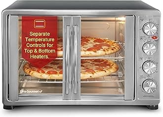 ETO-4510M French Door 47.5Qt, 18-Slice Convection Oven 4-Control Knobs, Bake Broil Toast Rotisserie Keep Warm, Includes 2 x 12" Pizza Racks, Stainless Steel