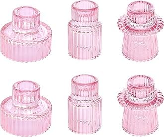 Vixdonos Taper Glass Candlestick Holders Tealight Candle Holders for Table Centerpieces, Wedding Decor and Dinner Party (6 Pcs, Pink)