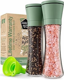 Home EC Premium Green Sea Salt and Pepper Grinder Set of 2 - Adjustable Ceramic - Tall Glass Salt and Pepper Shakers - Kitchen Pepper Mill & Salt Mill W/Funnel & EBook
